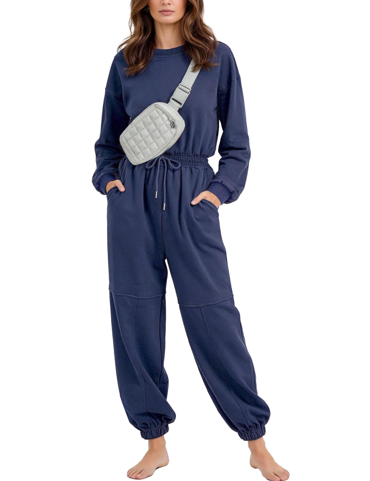 Flygo Womens Casual One Piece Jumpsuits Long Sleeve Crewneck Open Back Rompers Wide Leg Drawstring Waist Outfits with Pockets