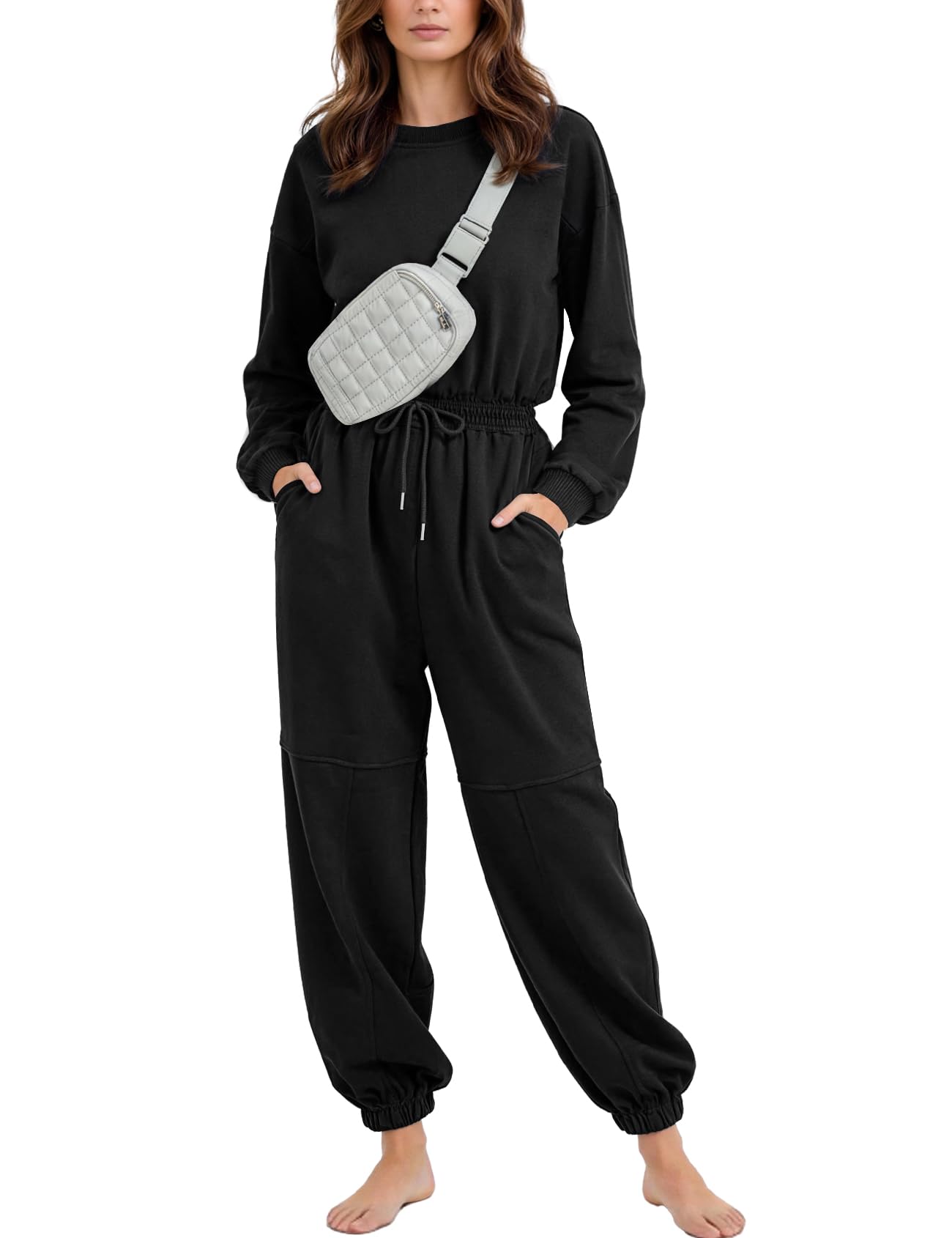 Flygo Womens Casual One Piece Jumpsuits Long Sleeve Crewneck Open Back Rompers Wide Leg Drawstring Waist Outfits with Pockets