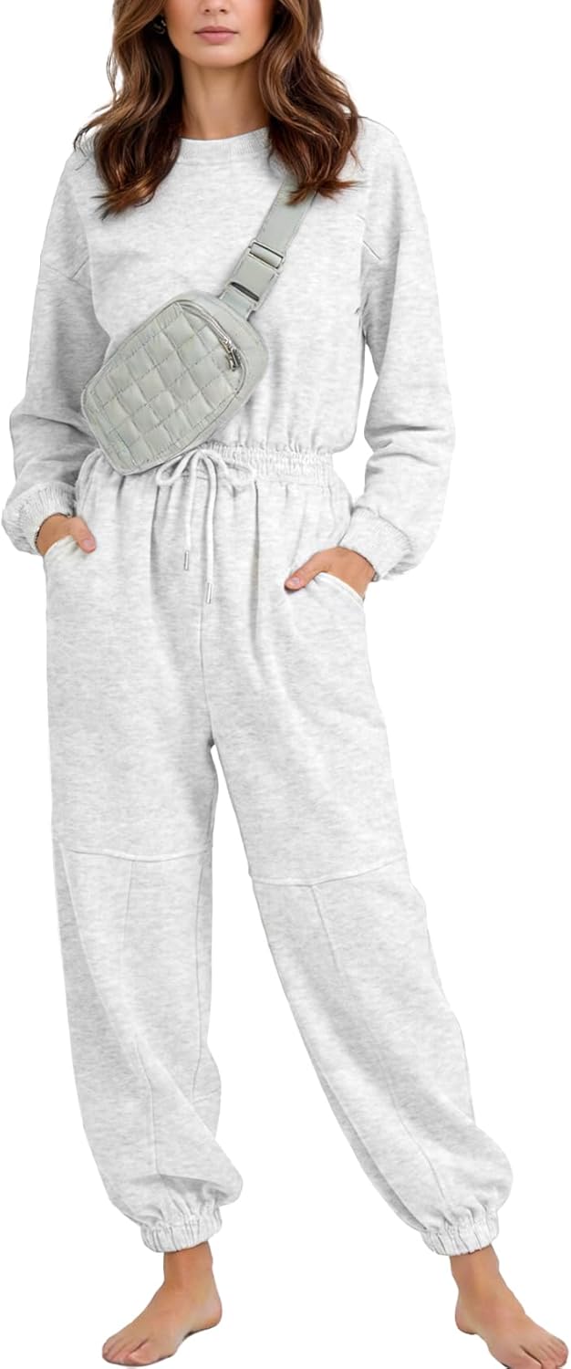 Flygo Womens Casual One Piece Jumpsuits Long Sleeve Crewneck Open Back Rompers Wide Leg Drawstring Waist Outfits with Pockets