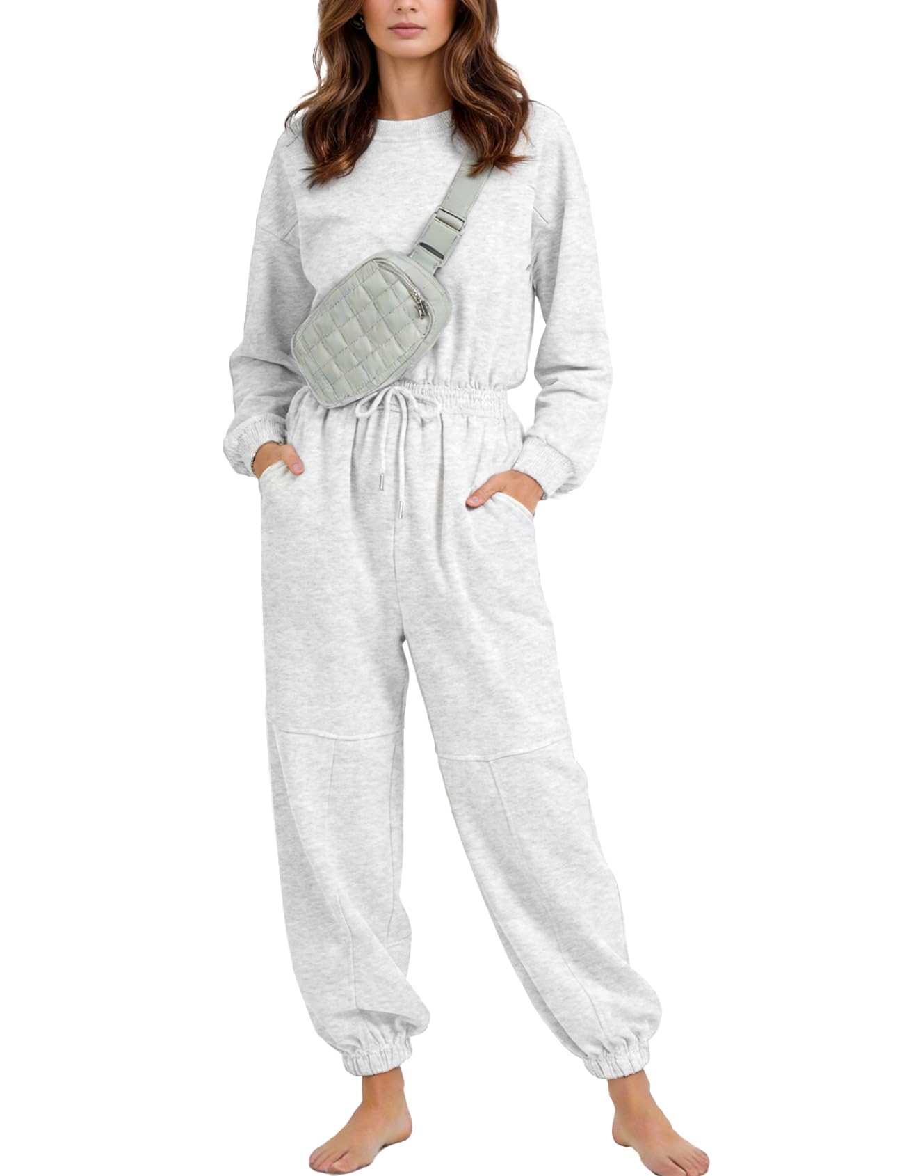 Flygo Womens Casual One Piece Jumpsuits Long Sleeve Crewneck Open Back Rompers Wide Leg Drawstring Waist Outfits with Pockets