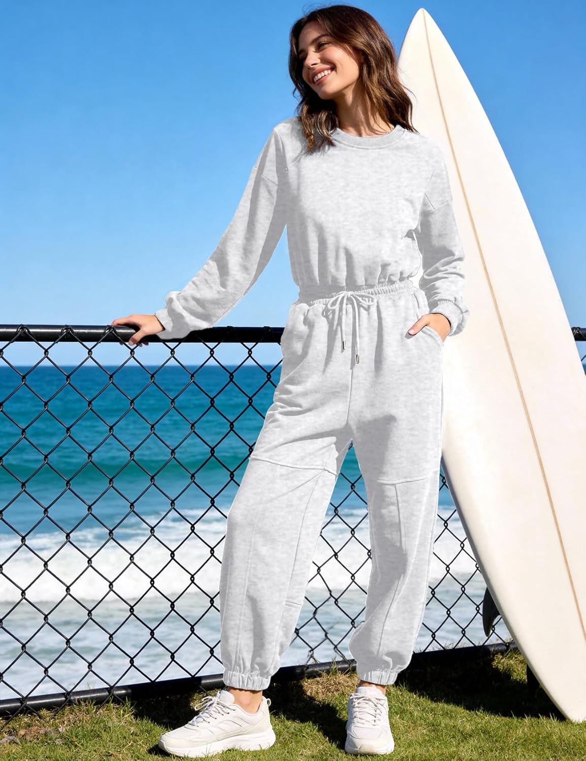 Flygo Womens Casual One Piece Jumpsuits Long Sleeve Crewneck Open Back Rompers Wide Leg Drawstring Waist Outfits with Pockets