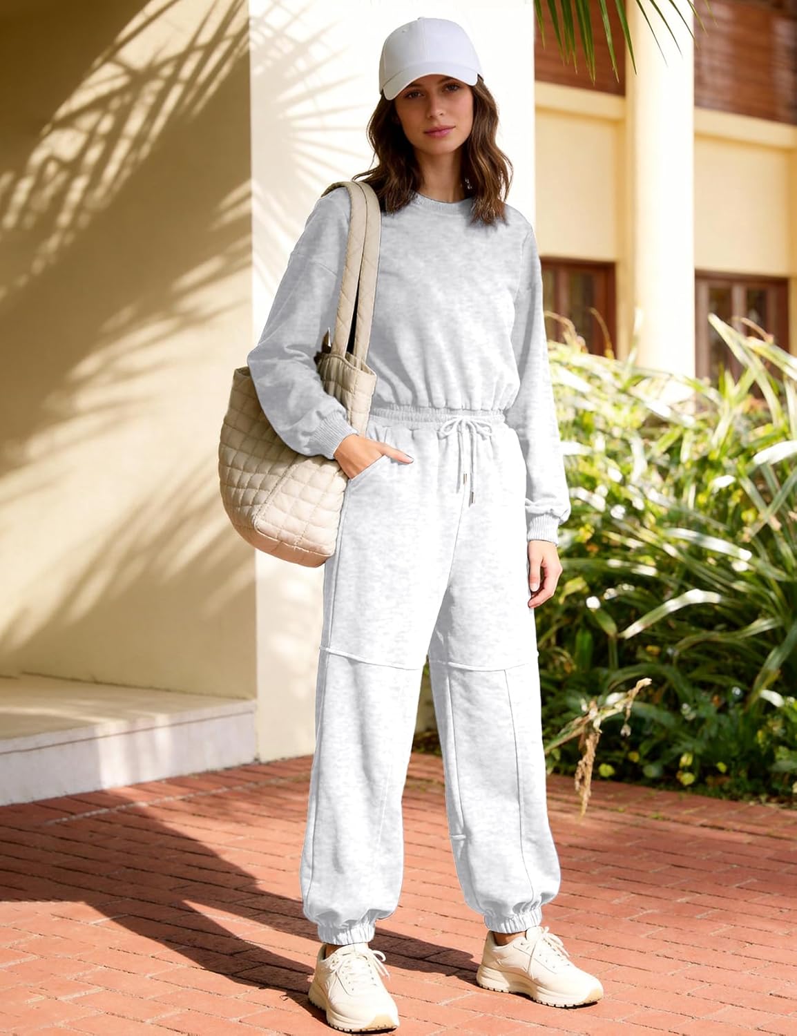 Flygo Womens Casual One Piece Jumpsuits Long Sleeve Crewneck Open Back Rompers Wide Leg Drawstring Waist Outfits with Pockets